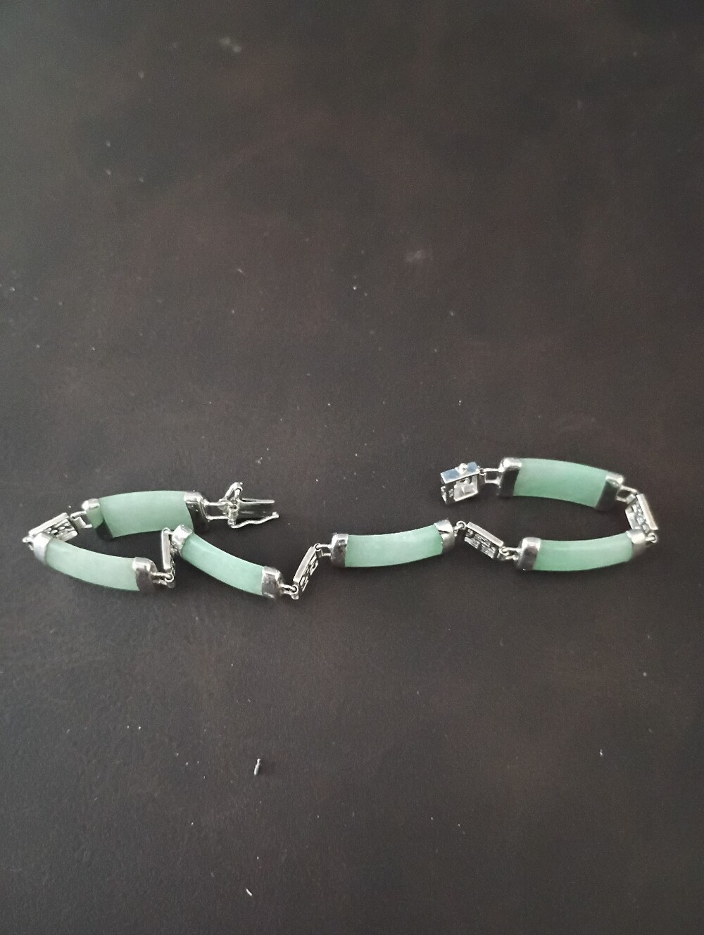 Vintage Sterling Silver and Green Jade Station Bracelet with Chinese Characters